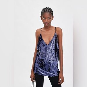 ZARA Women's Top Blue Purple Sequin Party Cami Tank Blogger V Neck Size M NWOT